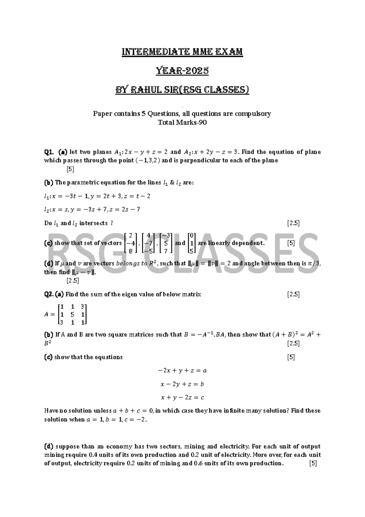 Intermediate MME Exam-2: Questions on Vectors and Matrices - Studocu