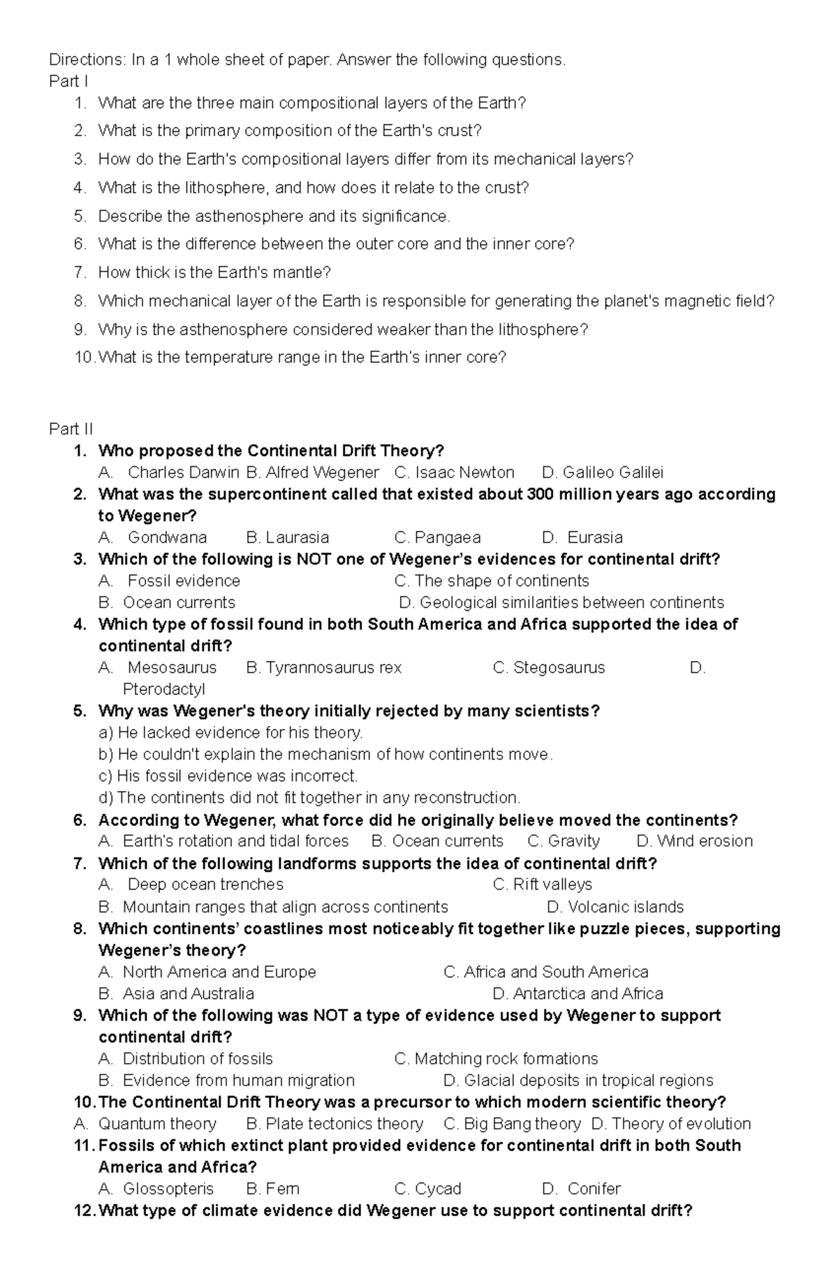 Scie 10 Remedial Exam: Earth Layers & Continental Drift Theory - Studocu