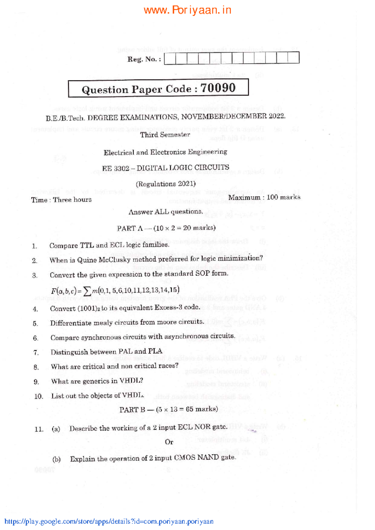 Digital Logic Circuits - EE3302 2021 Reg - Sem Question Paper Nov-Dec ...