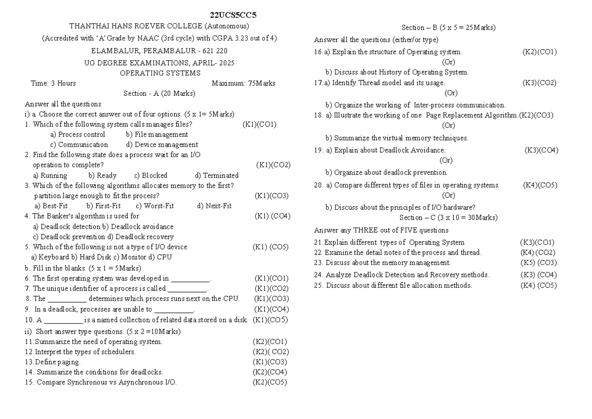 22UCS5CC5 & 23PCS1CC2 Operating Systems & Object Oriented Analysis Exam ...