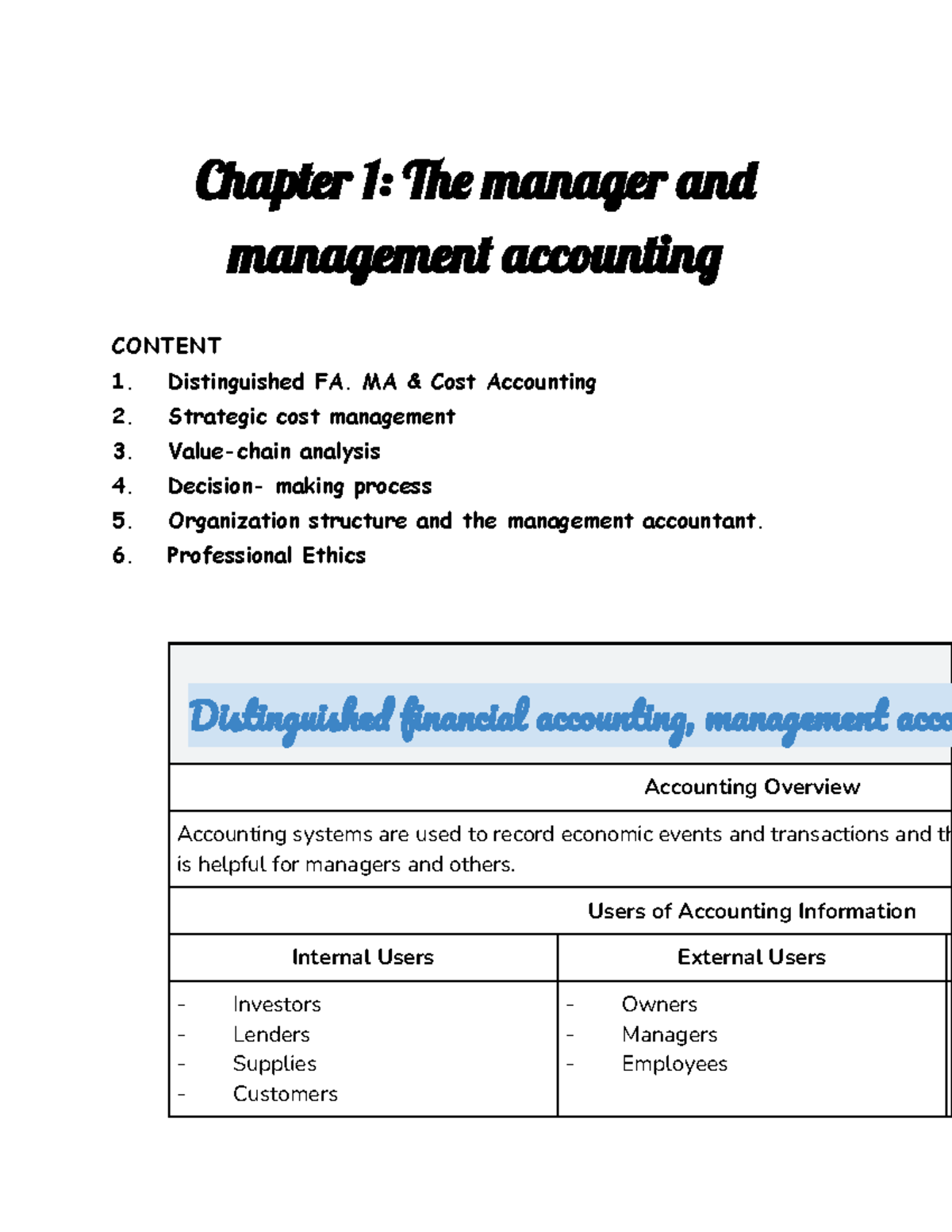 Cost Accounting - Summary of Chapters 1 & 2 (ACCT 101) - Studocu