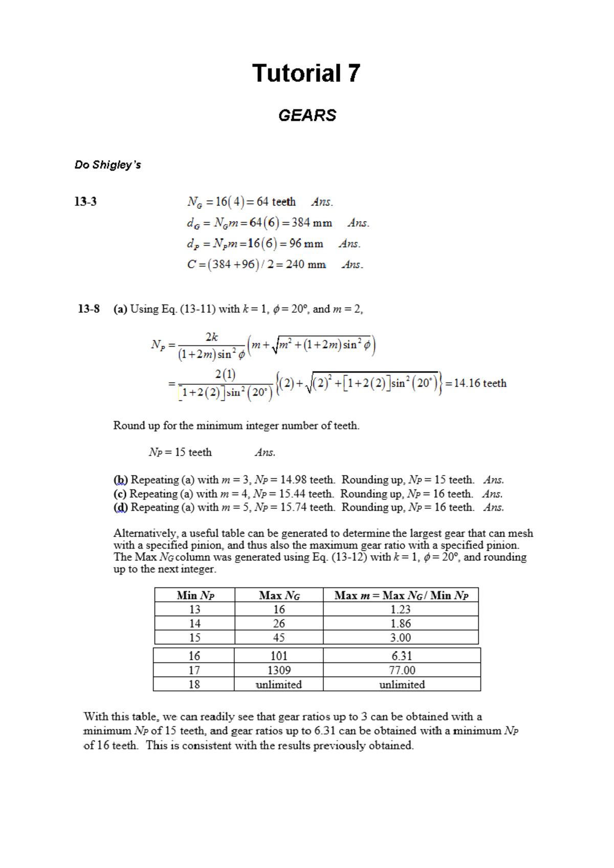 Tutorial 7 GEARS - Memo on Gear Calculations and Problems - Studocu