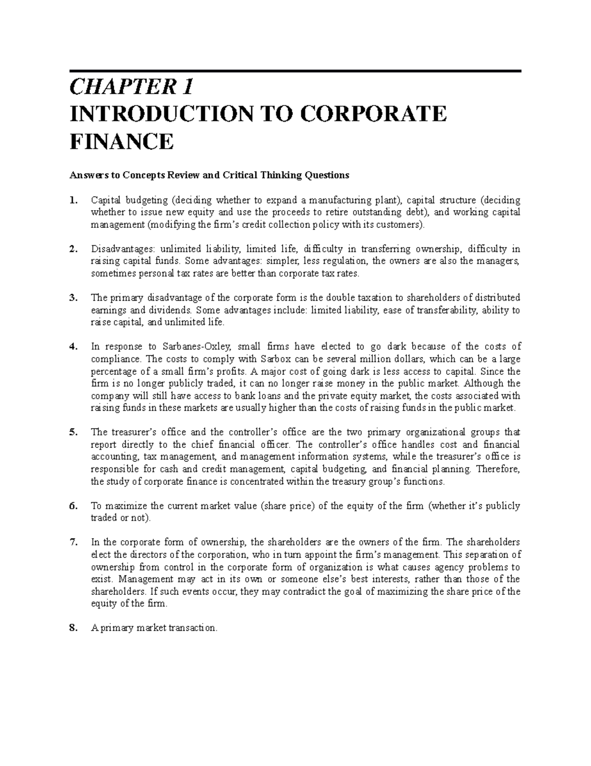 Manual chapter With solutions chapters 1 to 3 - CHAPTER 1 INTRODUCTION TO CORPORATE FINANCE ...