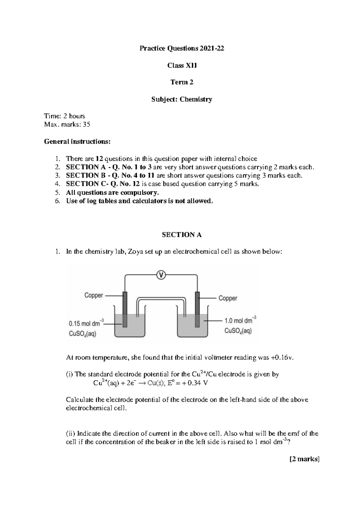 Chemistry Class XII Term 2 Practice Questions - Max Marks: 35 - Studocu