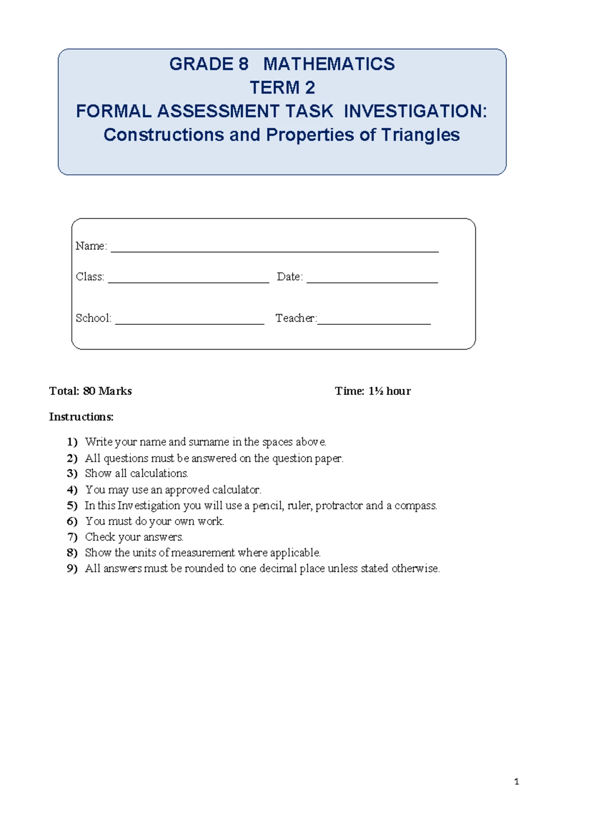 Gr 8 Maths T2 2022 Test/Assignment Functions & Relationships Memo - Studocu