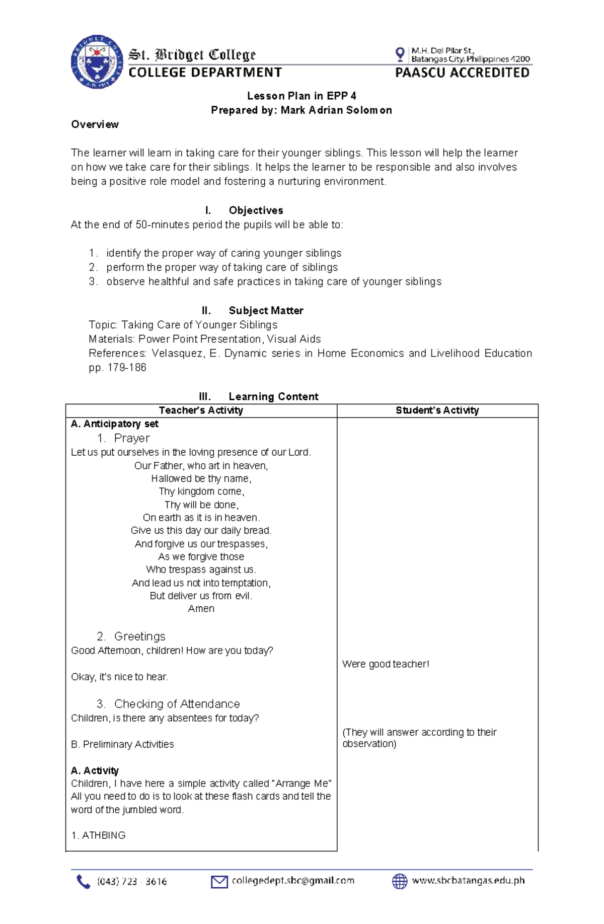 Lesson Plan in EPP 4: Caring for Younger Siblings by Mark Adrian ...