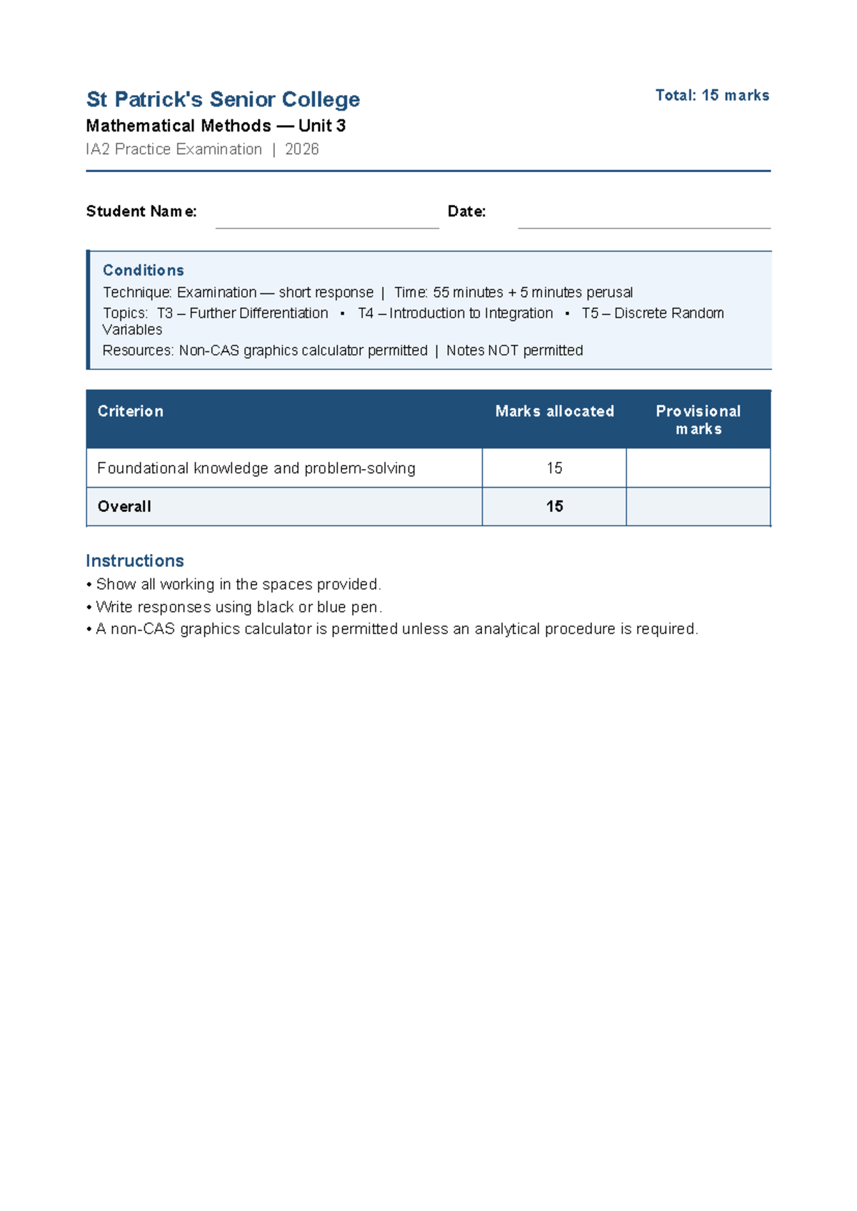 Mathematical Methods Unit 3 IA2 Practice Exam 2026 - 15 Marks - Studocu