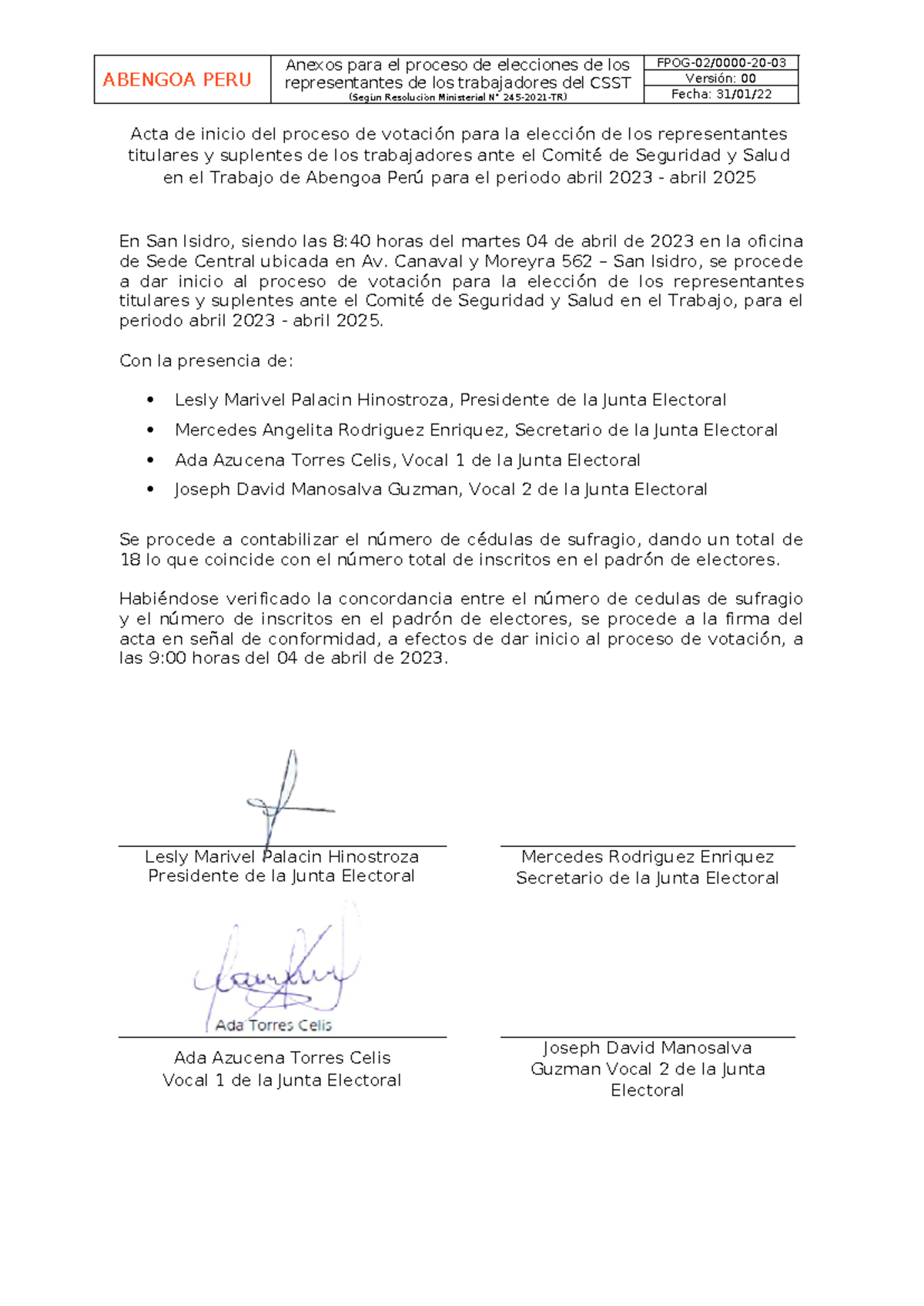Acta de Inicio de Votación para Representantes CSST Abengoa Perú 2023 ...