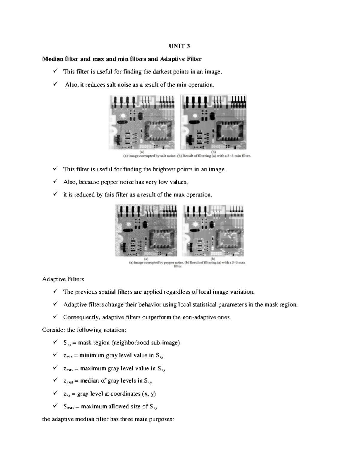 UNIT 3 - Median, Max, Min & Adaptive Filters in Image Processing - Studocu