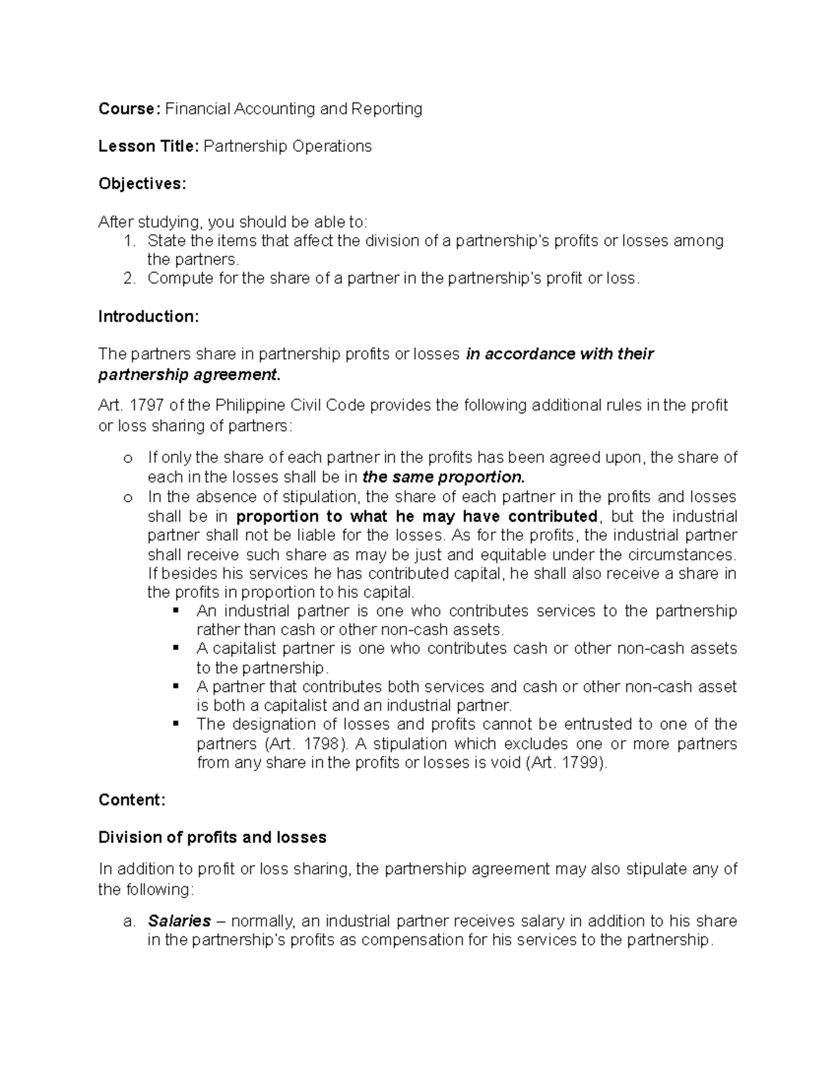 Financial Accounting (ACCT101) Lesson on Partnership Operations - Studocu