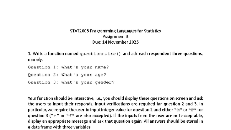 STAT2005 Assignment 3: Questionnaire Function & Personnel Records - Studocu