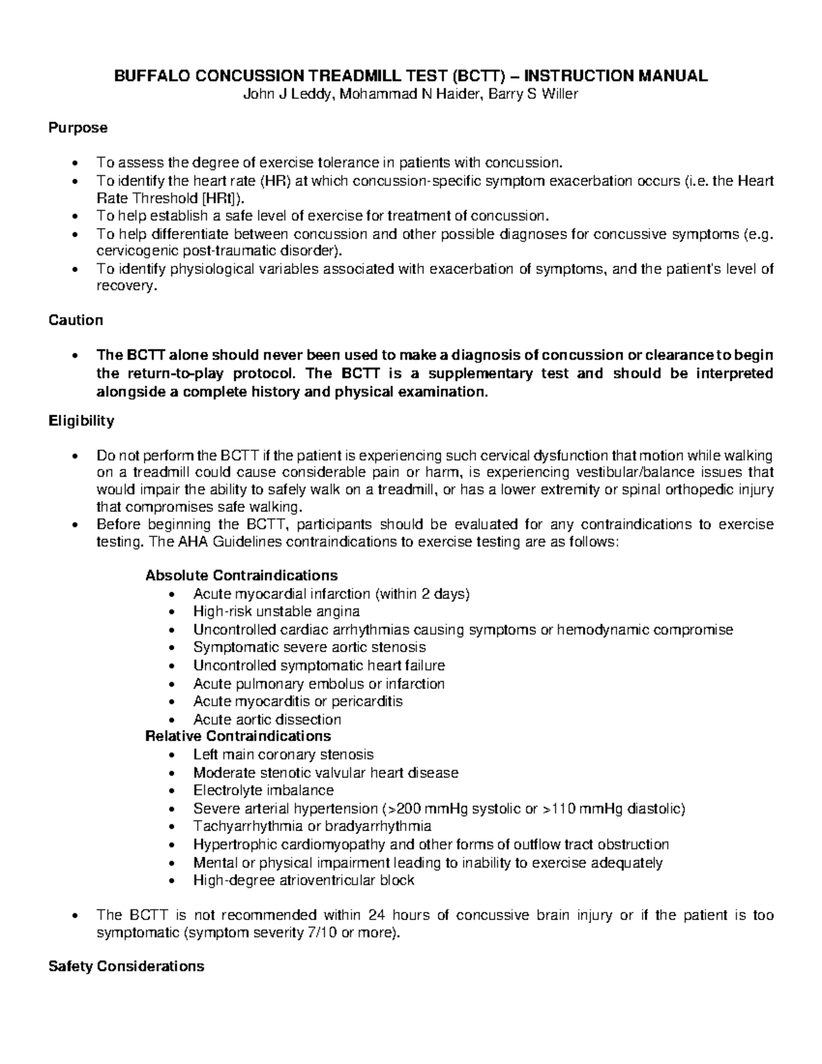 Buffalo Concussion Treadmill Test (BCTT) Protocol Guide - Studocu