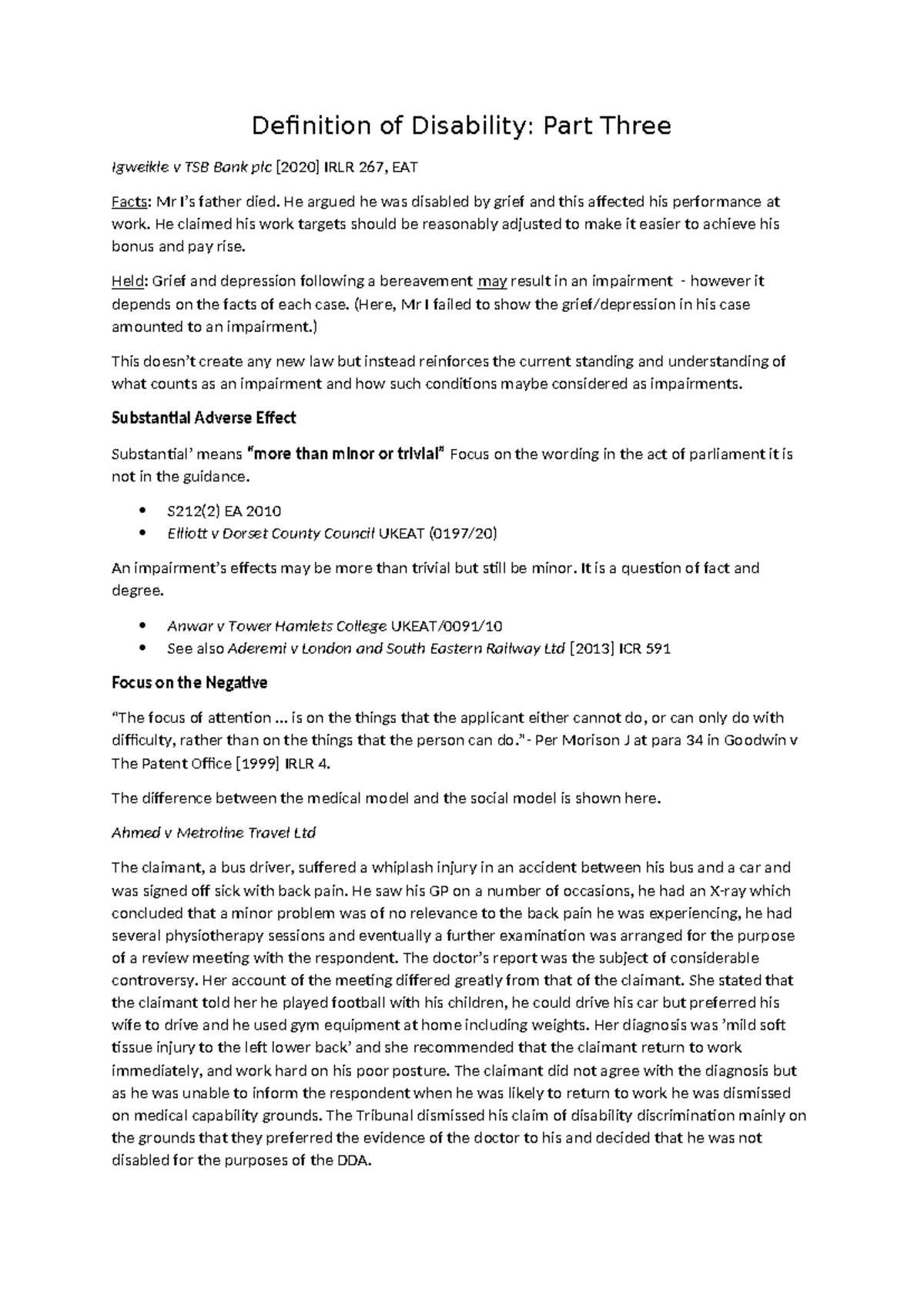 Definition of Disability: Key Cases and Principles P3 - Studocu