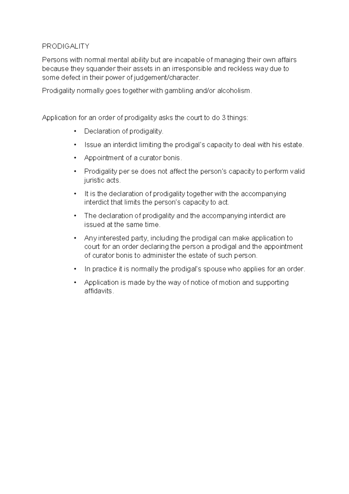 Legal Concepts of Prodigality: Definition and Court Applications - Studocu