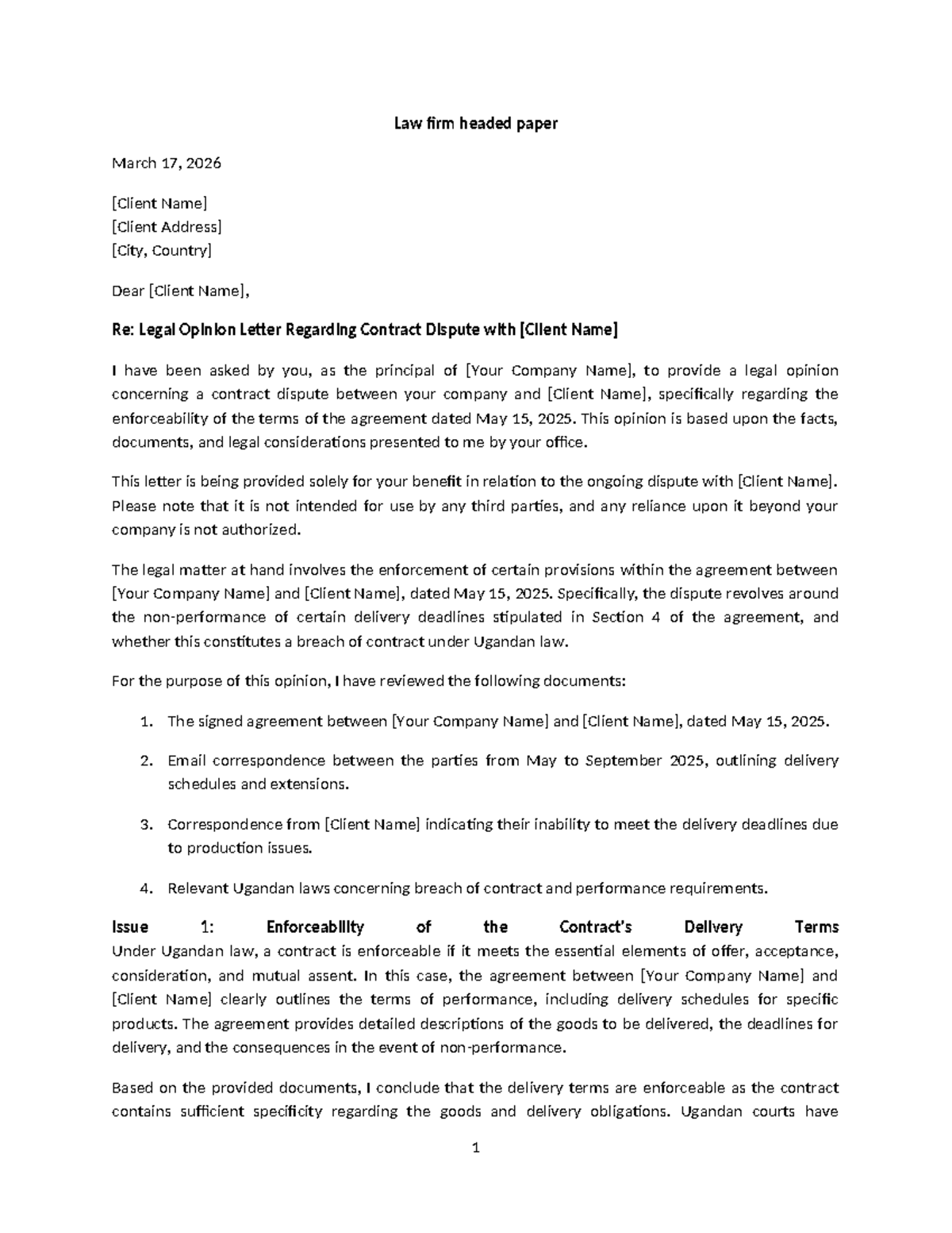Legal Opinion Letter on Contract Dispute - Sample Document - Studocu