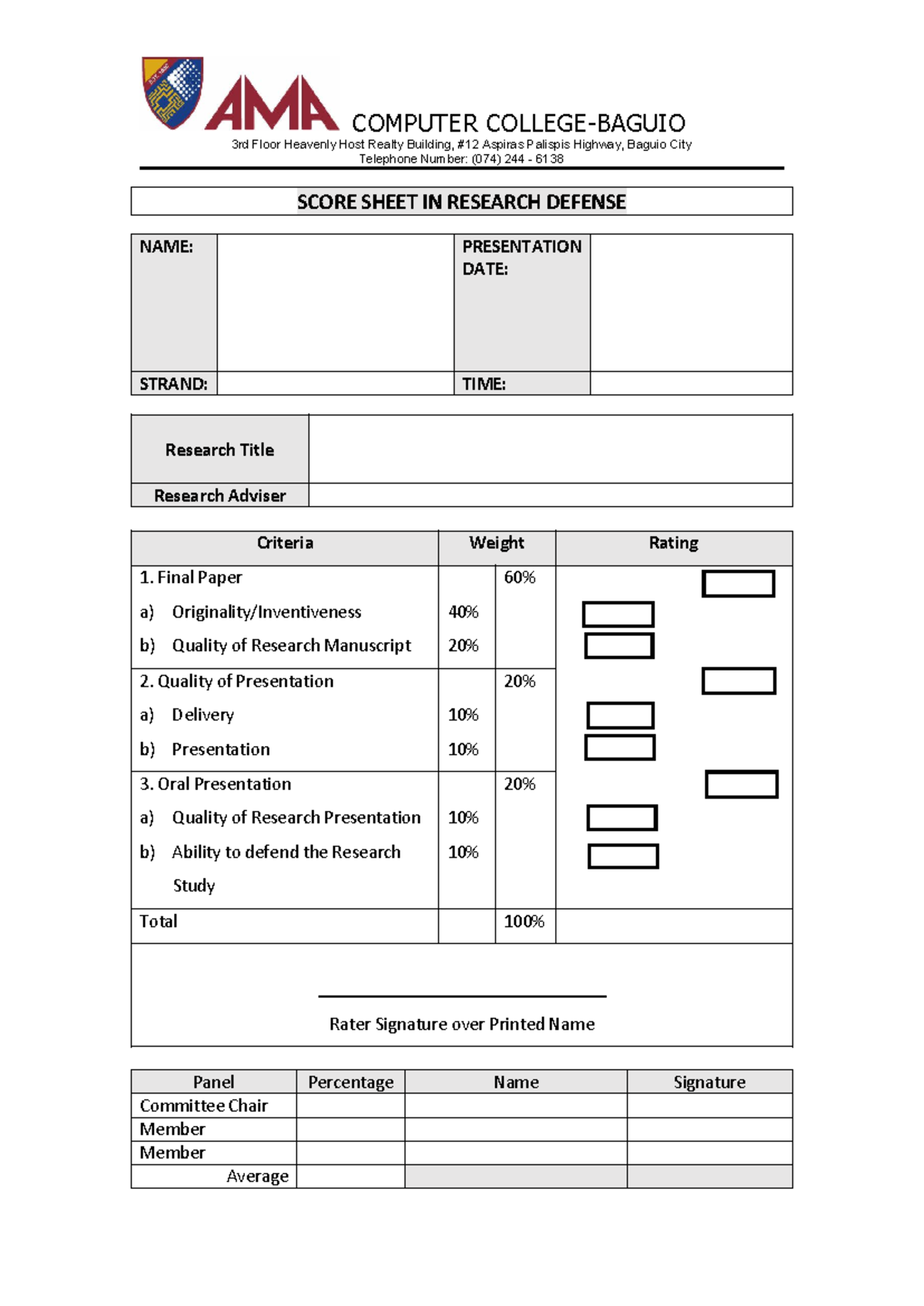 COMPUTER Research Defense Score Sheet and Evaluation Notes - Studocu
