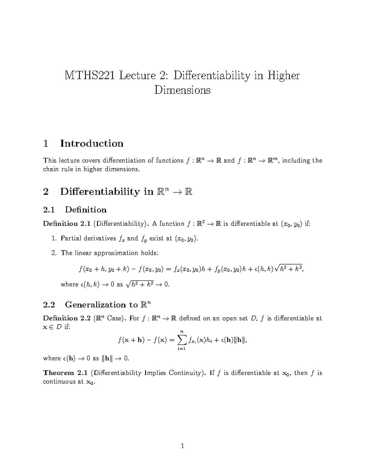 MTHS221 Lecture 2: Differentiability in Higher Dimensions Notes - Studocu