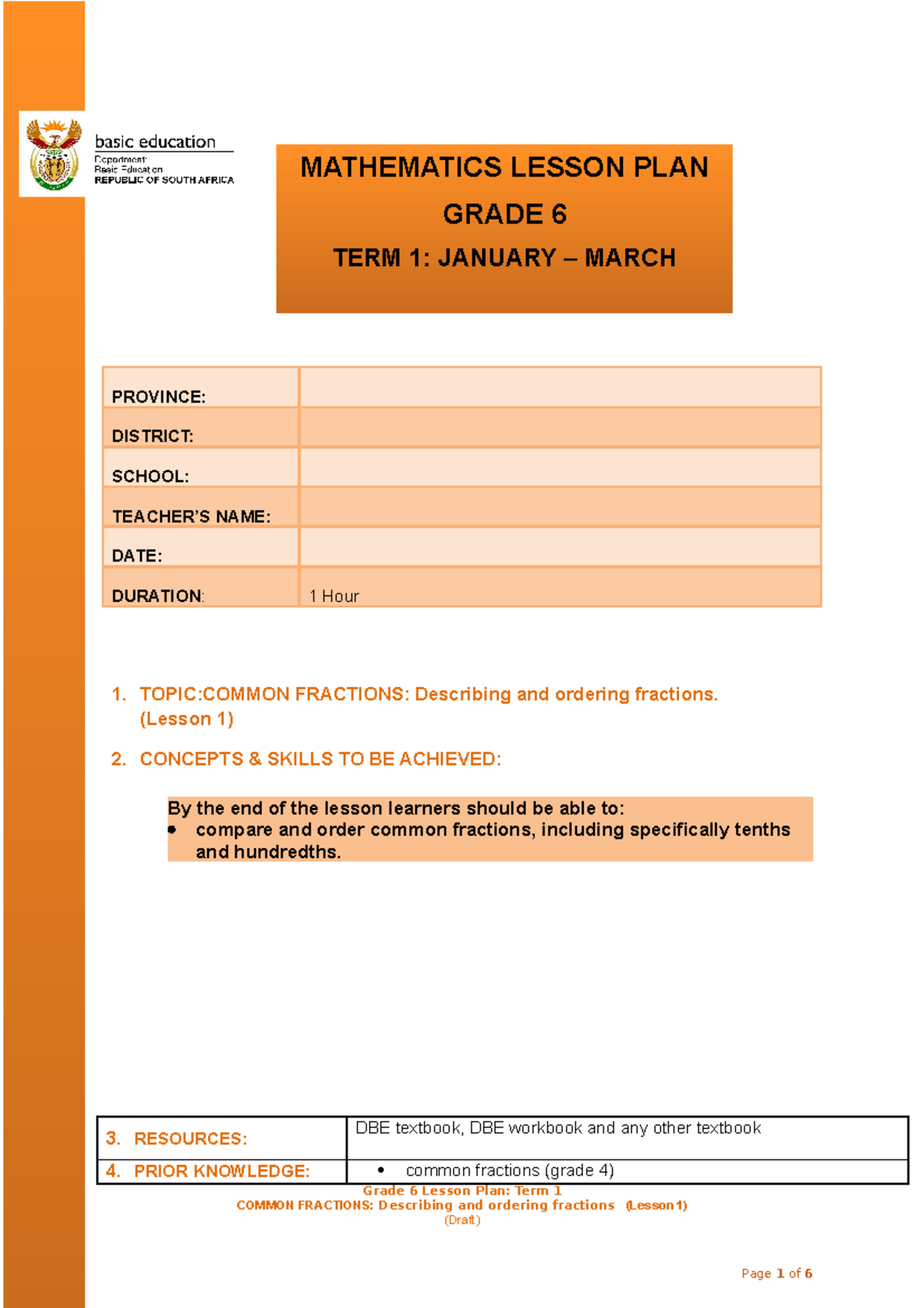 Grade 6 Term 1 Lesson Plan: Common Fractions Overview - Studocu