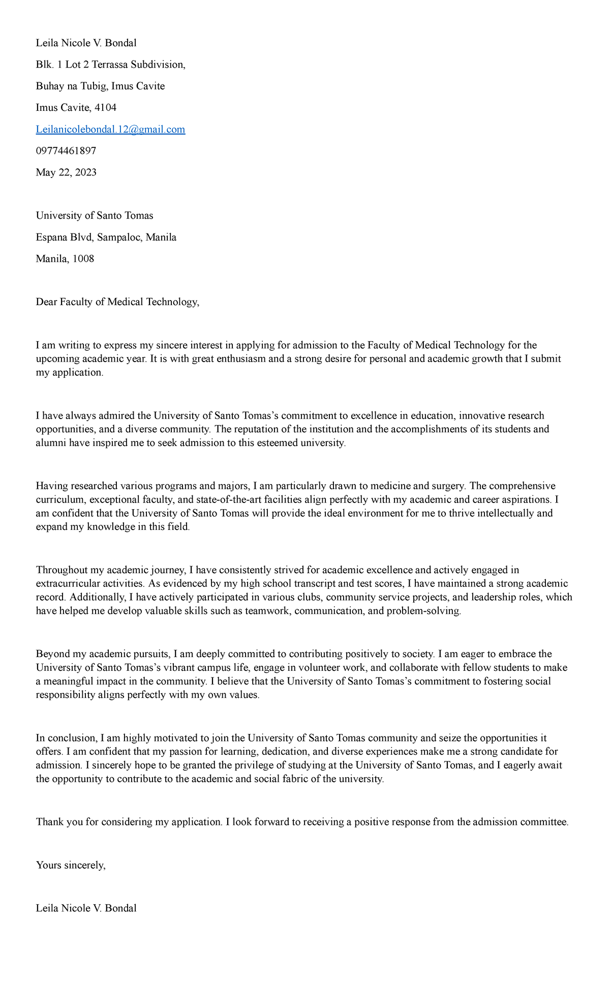 Application for Admission to UST Faculty of Medical Technology - Studocu