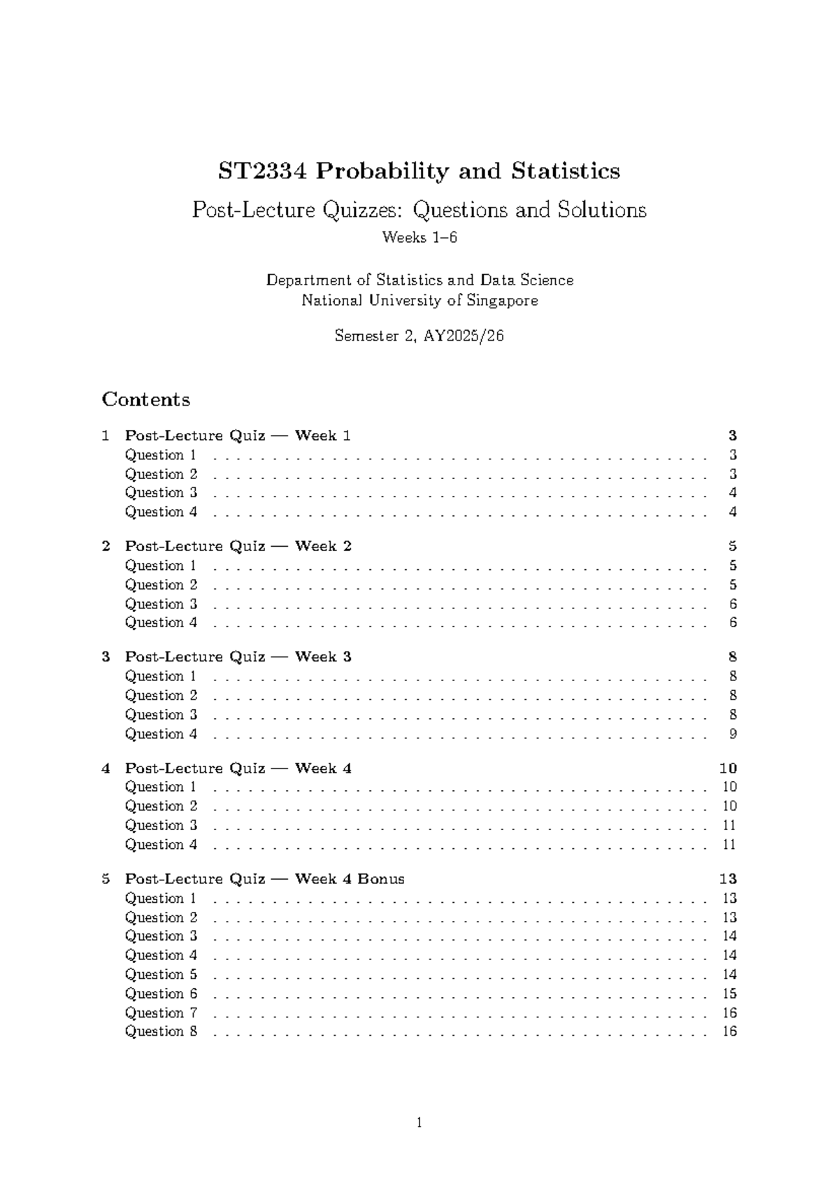 ST2334 Probability and Statistics Quizzes: Questions & Solutions - Studocu