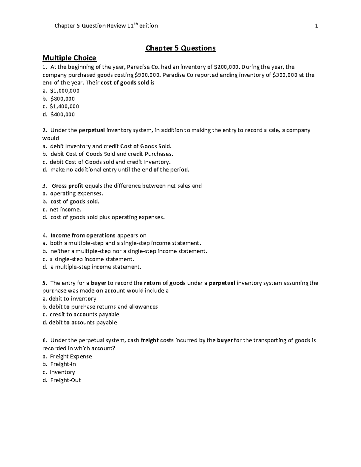 Chapter 5 MCQ & Exercises Review - 11th Edition - Studocu