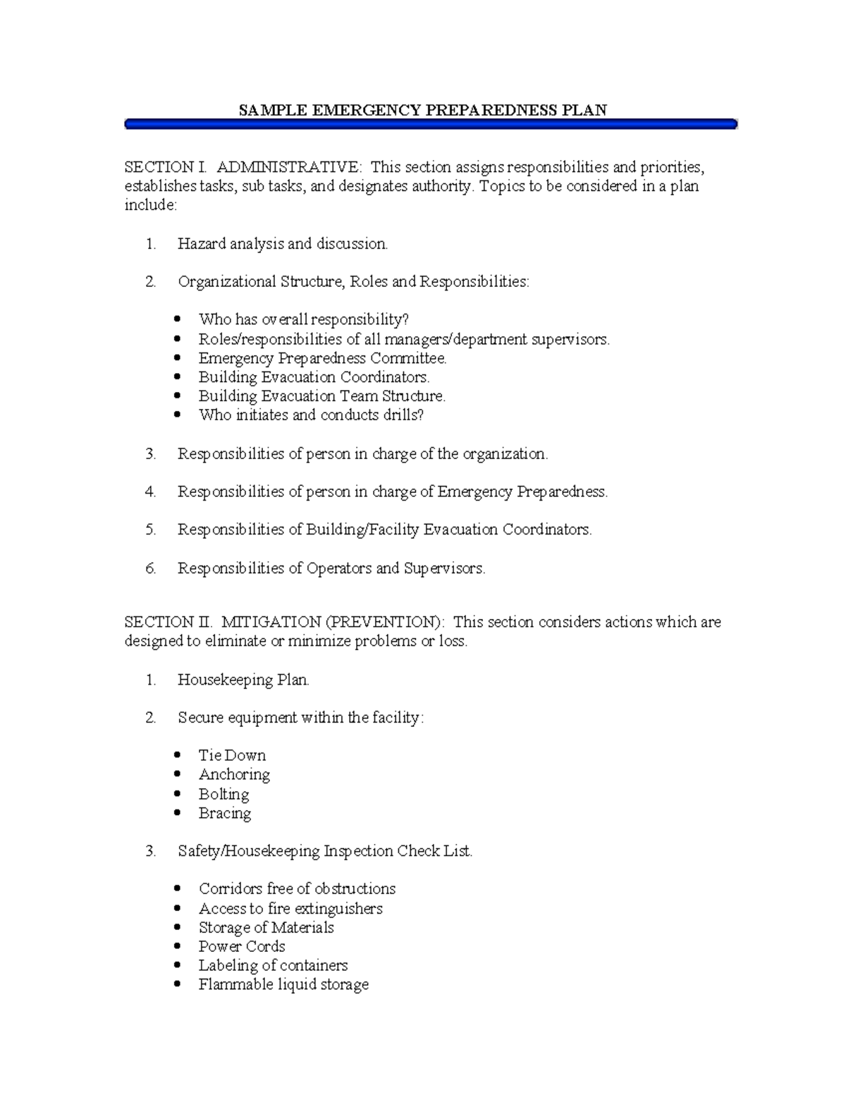 SAMPLE EMERGENCY PREPAREDNESS PLAN: ADMIN & MITIGATION SECTIONS - Studocu
