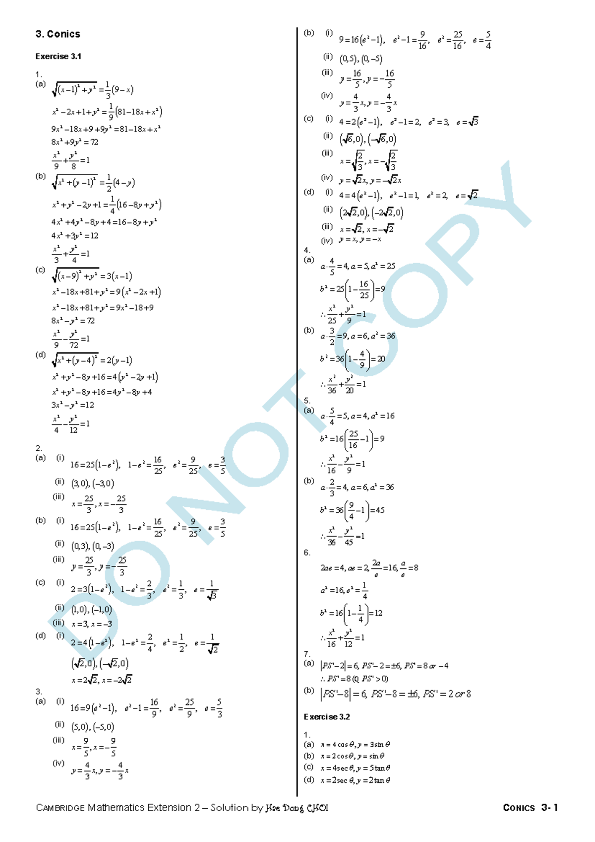 CAMBRIDGE Mathematics Extension 2 – Conics Exercises and Solutions ...