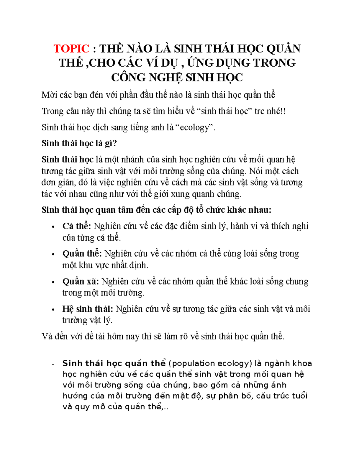 Sinh thái học quần thể: Khái niệm, ứng dụng và tầm quan trọng - Studocu