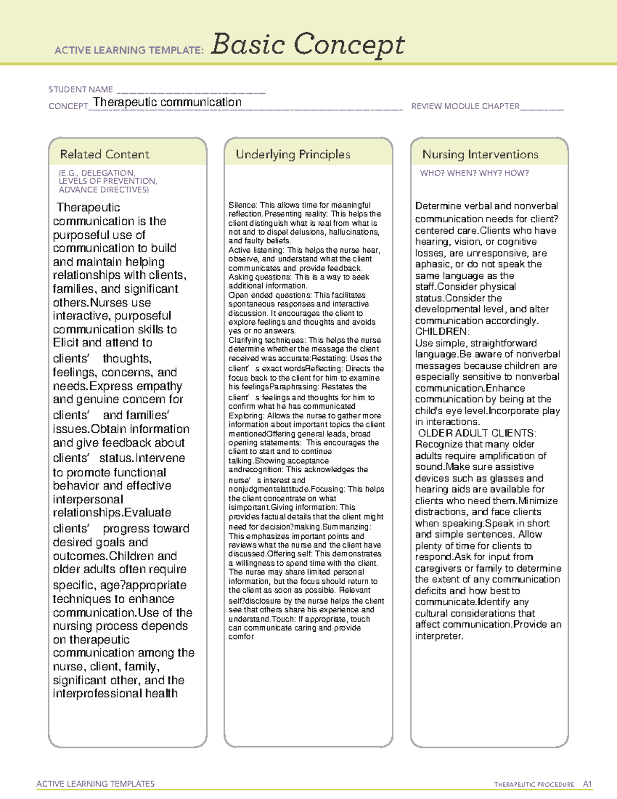 NUR 101: Active Learning Template for Therapeutic Communication - Studocu