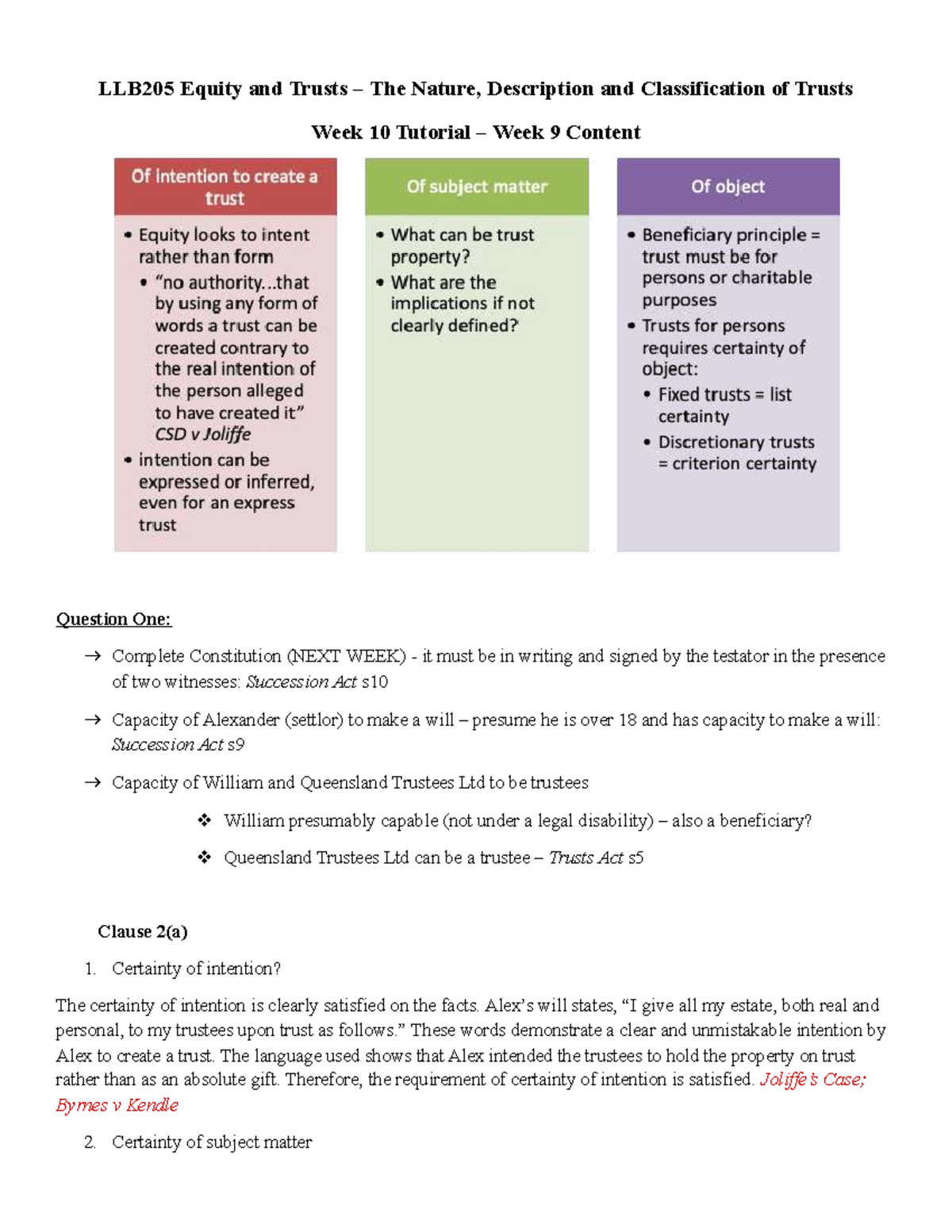LLB205 Equity and Trusts: Week 10 Tutorial on Trusts and Certainty ...