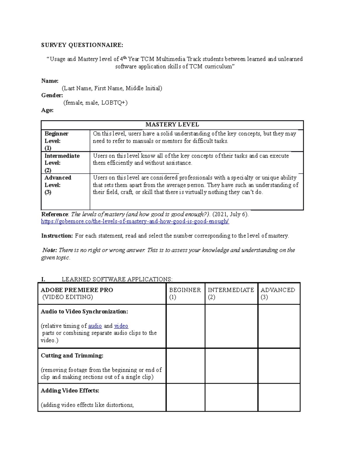 Survey-Questionnaire FInal - SURVEY QUESTIONNAIRE: “Usage and Mastery ...