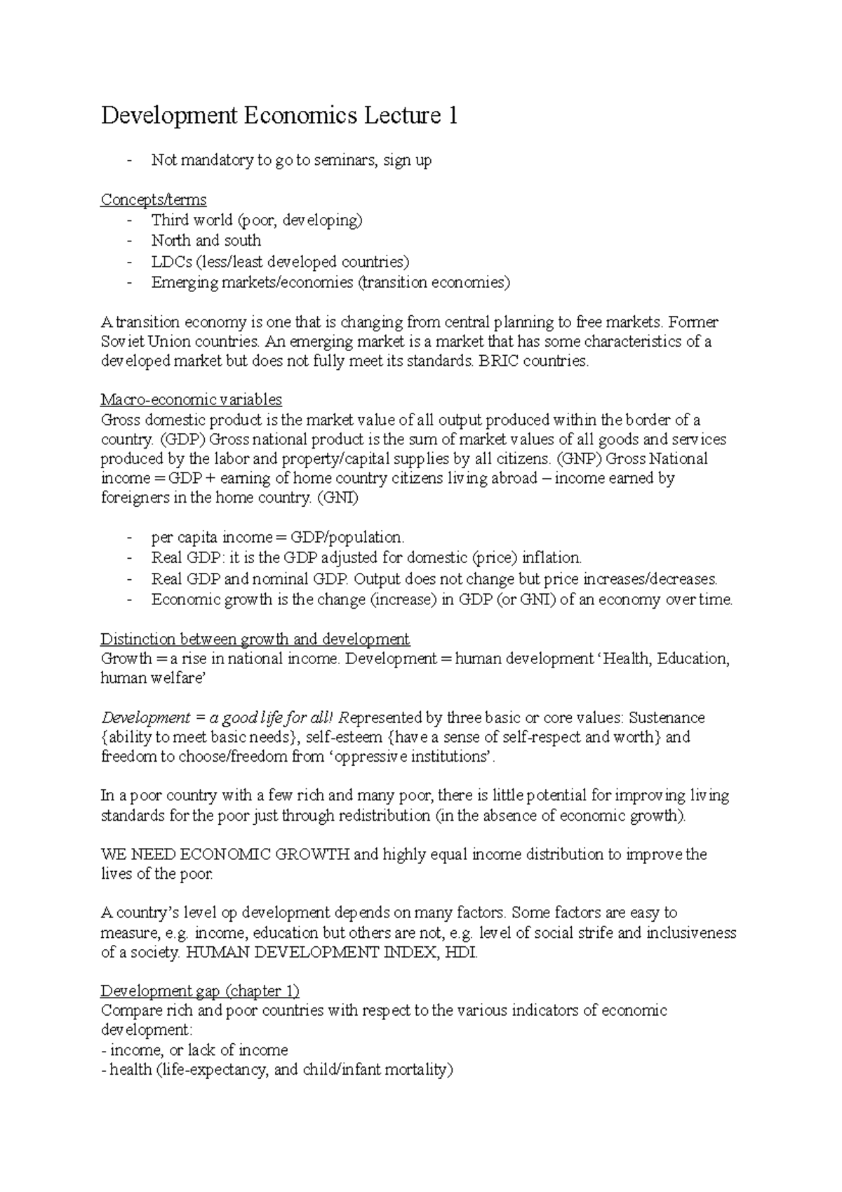 Development Economics Lecture Notes (ECON 101) - Key Concepts ...