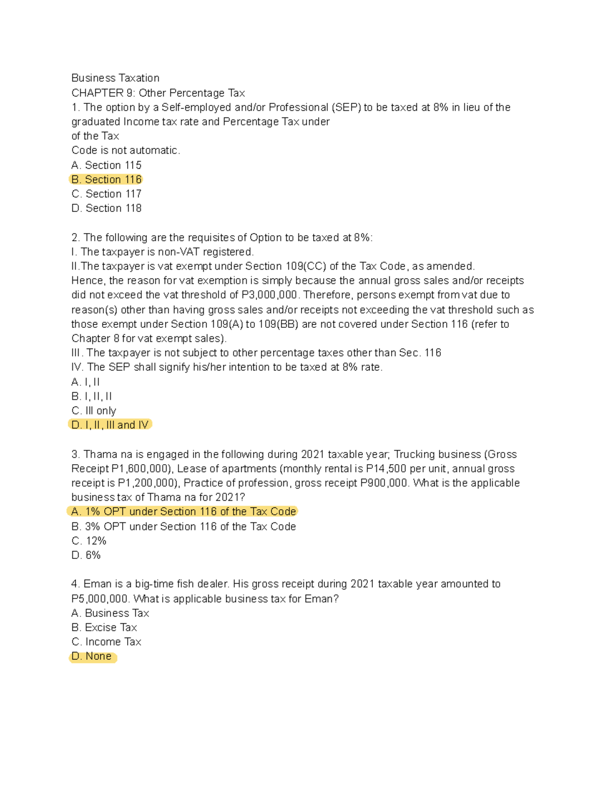 Business Taxation CHAPTER 9: OPT - Other Percentage Tax Overview - Studocu