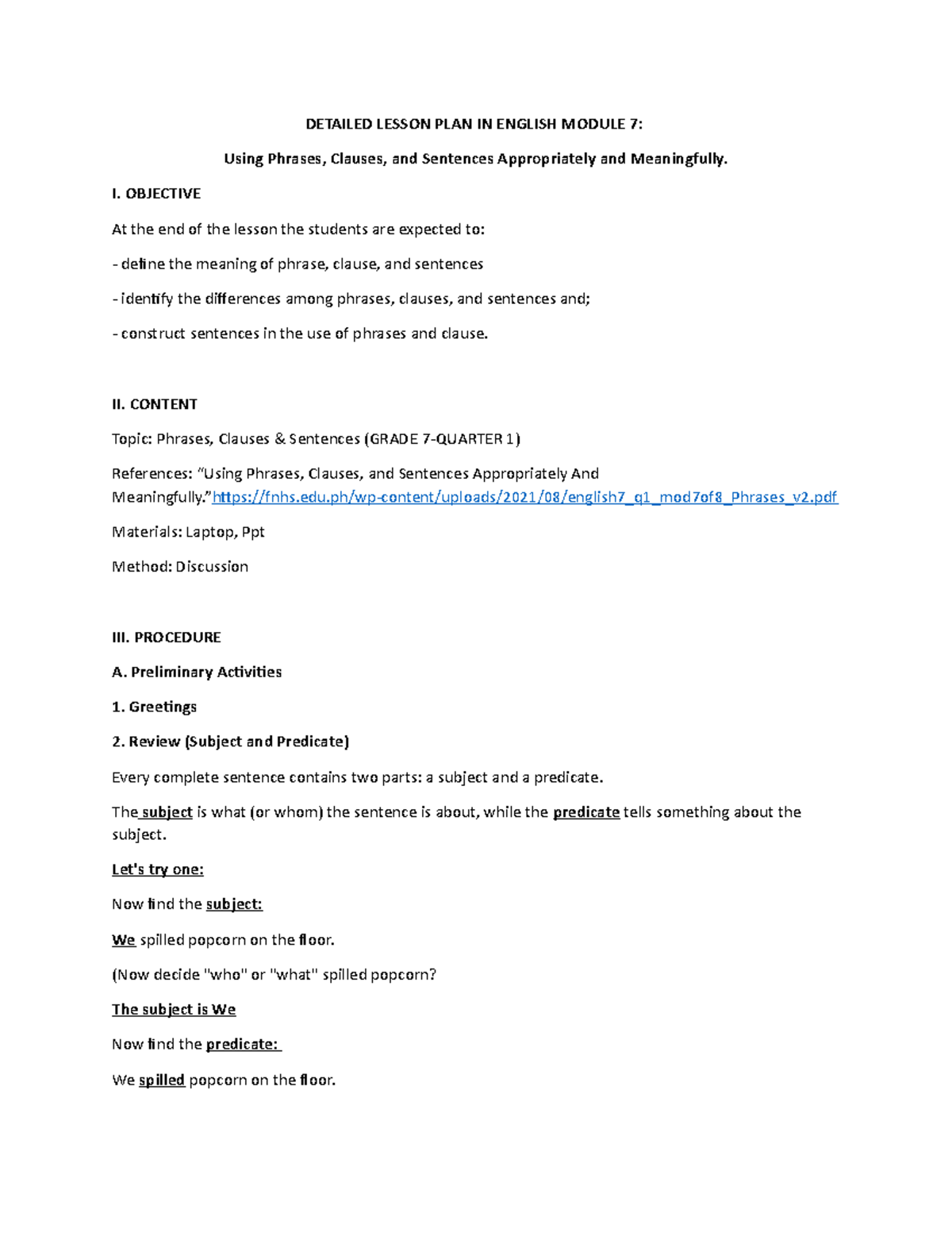 Detailed Lesson PLAN IN English Module 7 - DETAILED LESSON PLAN IN ...