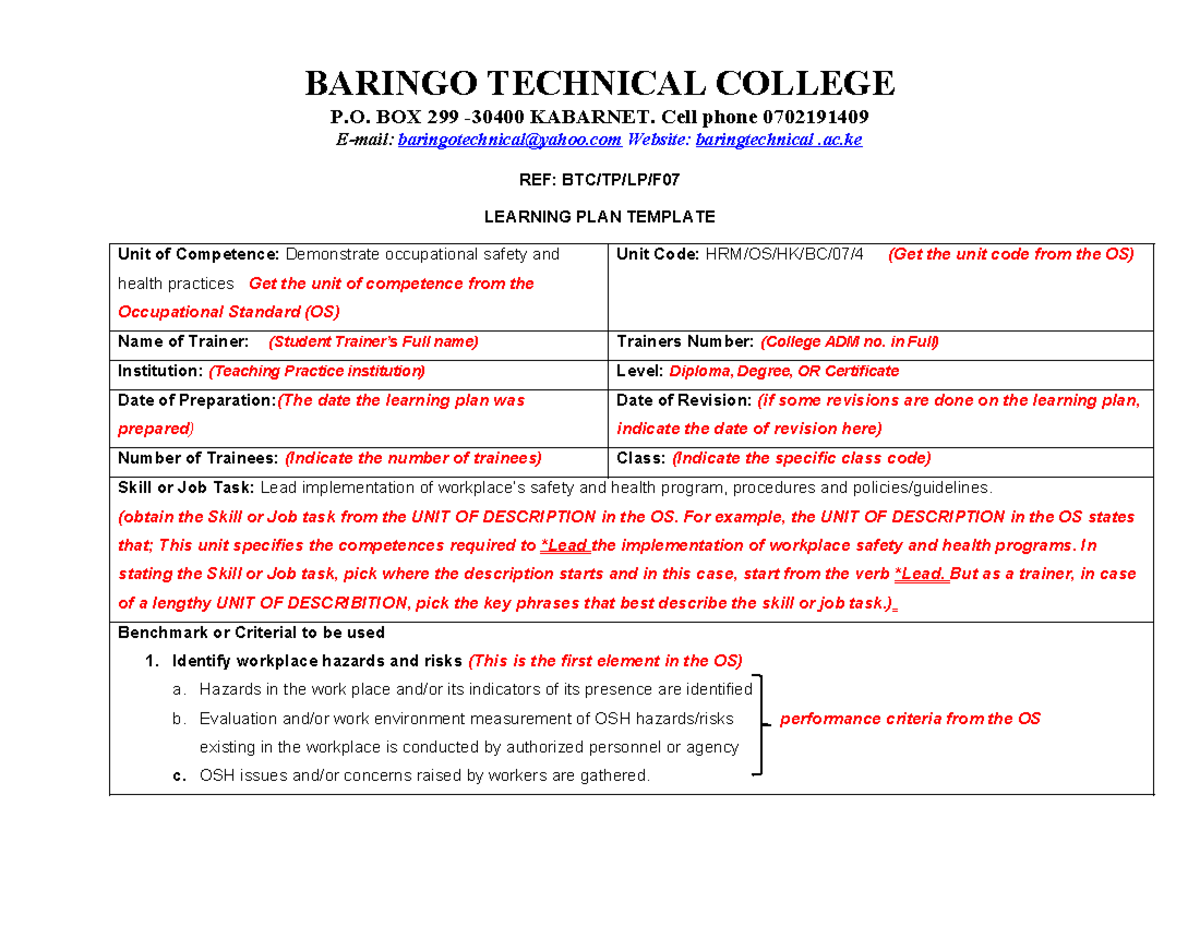 Learning Plan Template for HRM/OS/HK/BC/07/4: Occupational Safety ...