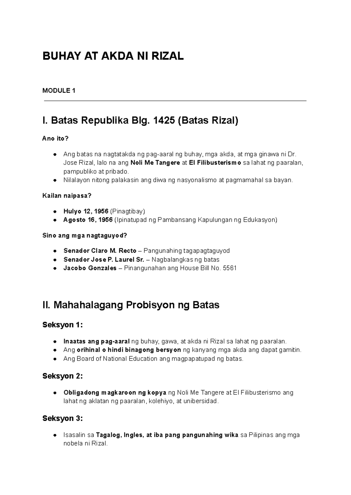 BUHAY AT AKDA NI RIZAL: MODULE 1 Reviewer on Batas Rizal - Studocu
