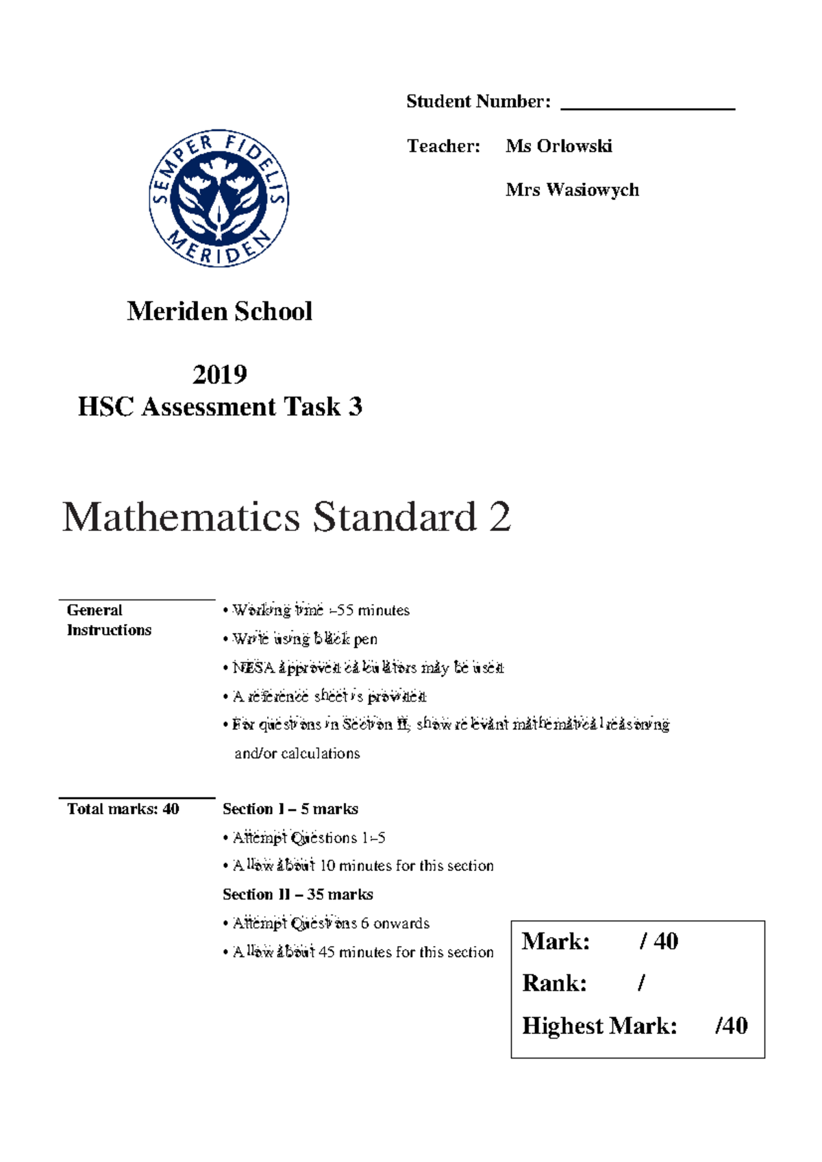 HSC Mathematics Standard 2 - Task 3 Past Paper 2019 - Studocu