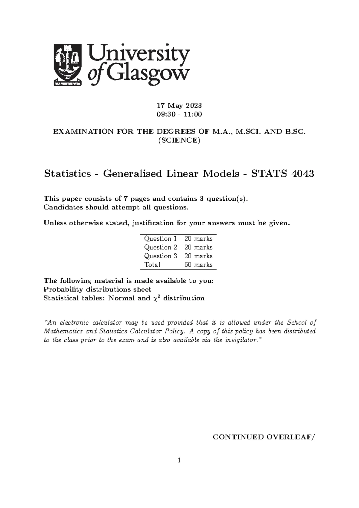 Final Exam Paper for STATS 3014: Generalised Linear Models Analysis ...