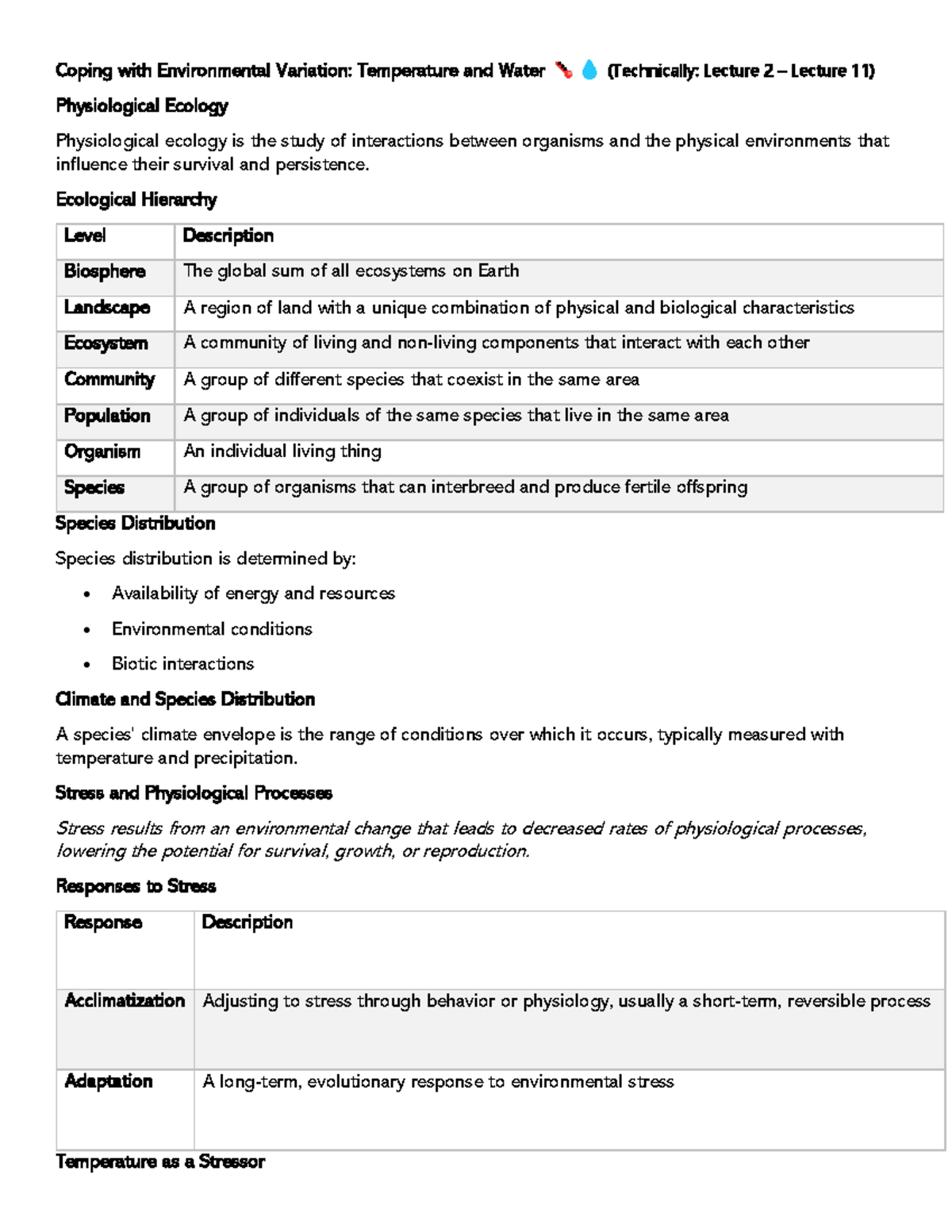 BIO 2483A Coping with Environmental Variation Notes (Midterm) 2024 ...