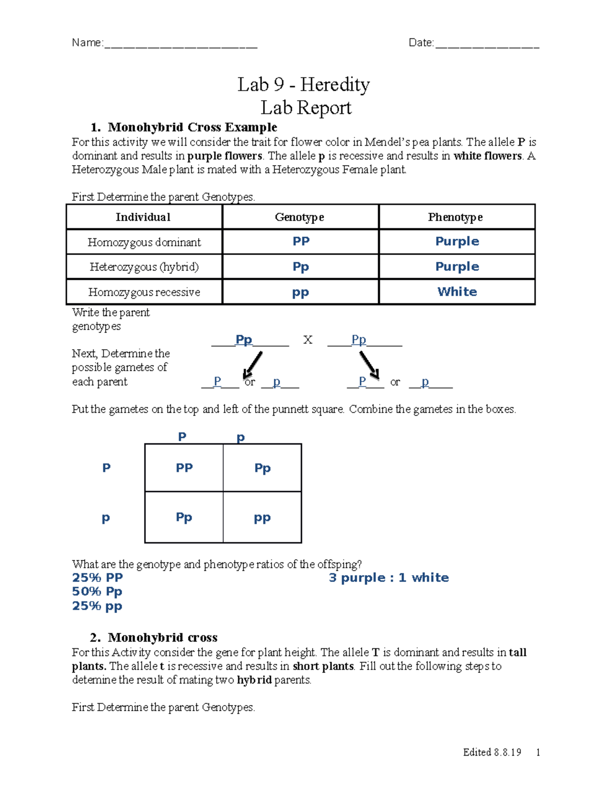 Lab 9: Exploring Heredity through Monohybrid and Dihybrid Crosses - Studocu