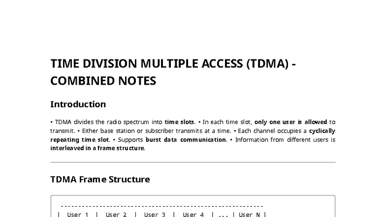 TDMA Combined Notes: Understanding Time Division Multiple Access - Studocu