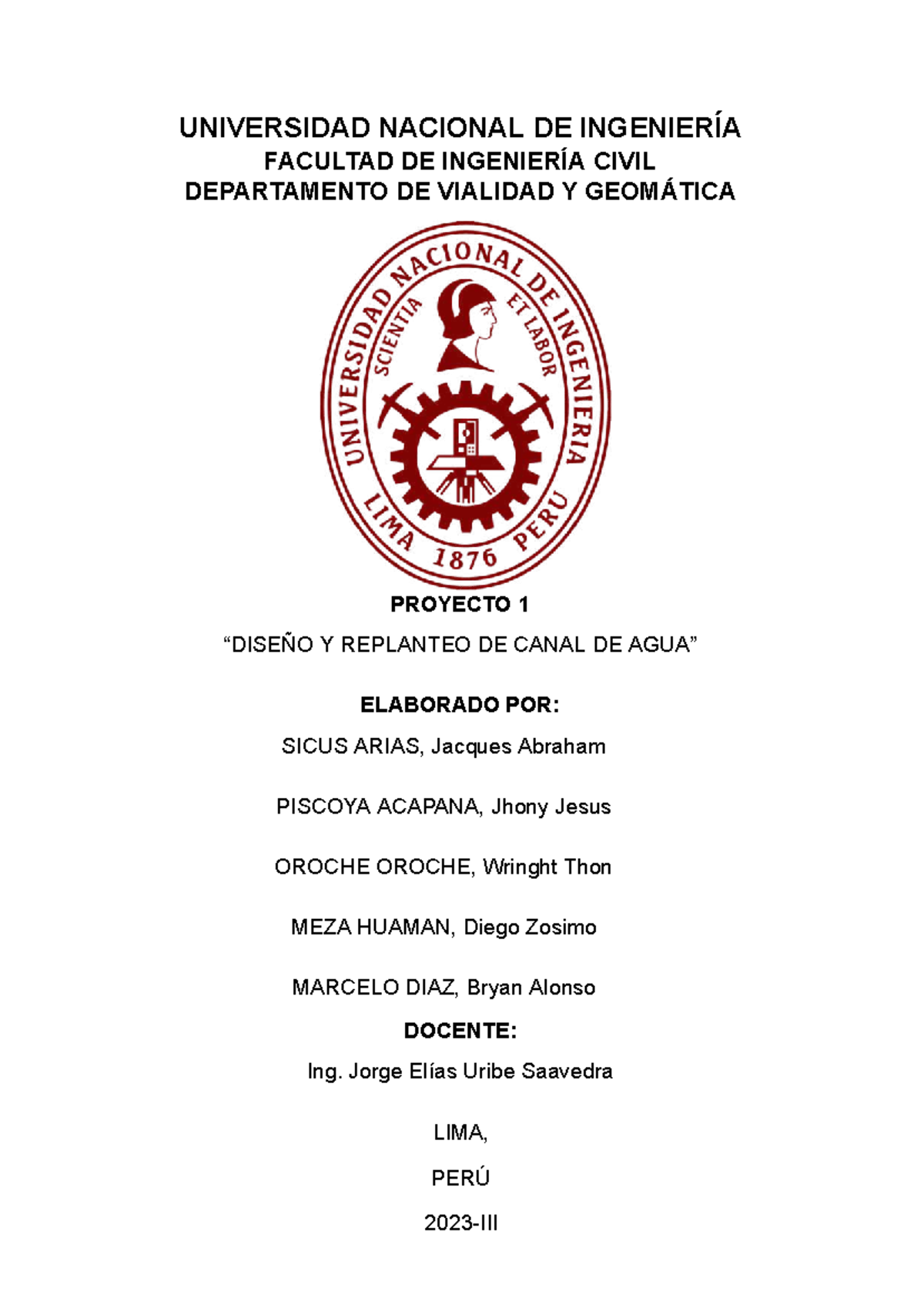 Diseño y Replanteo de Canal de Agua - Proyecto 1 - UNI 2023-III - Document Preview