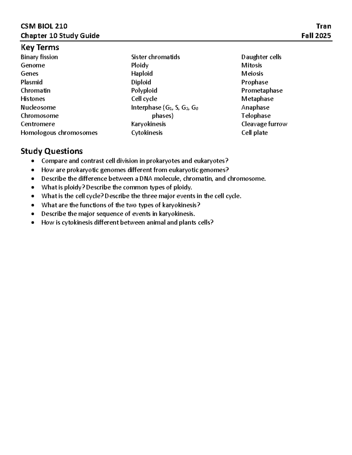 Csm Biol 210 Chapter 10 Study Guide Cell Division Cycle Concepts