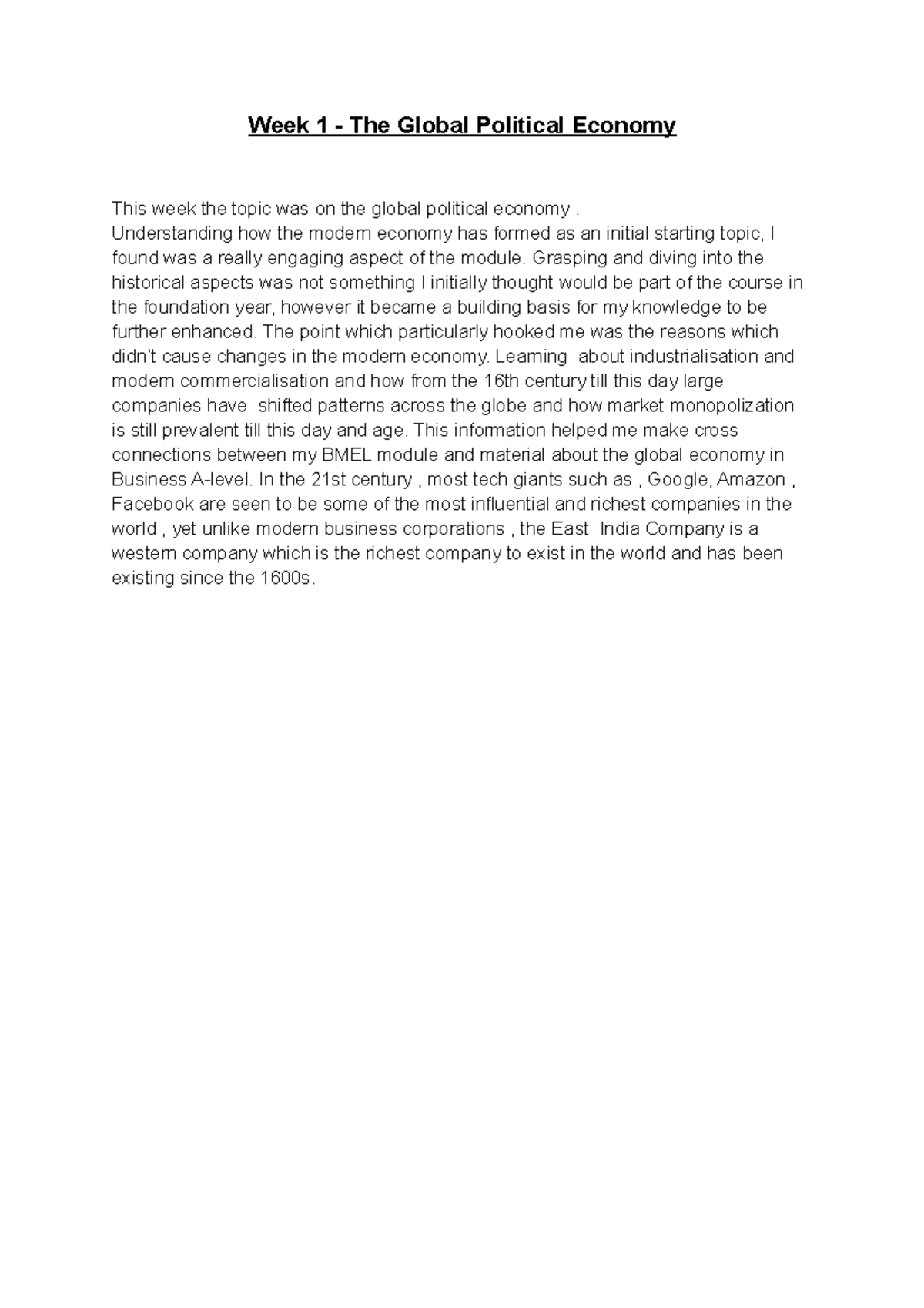 Reflections on Global Political Economy and Cultural Changes - Studocu