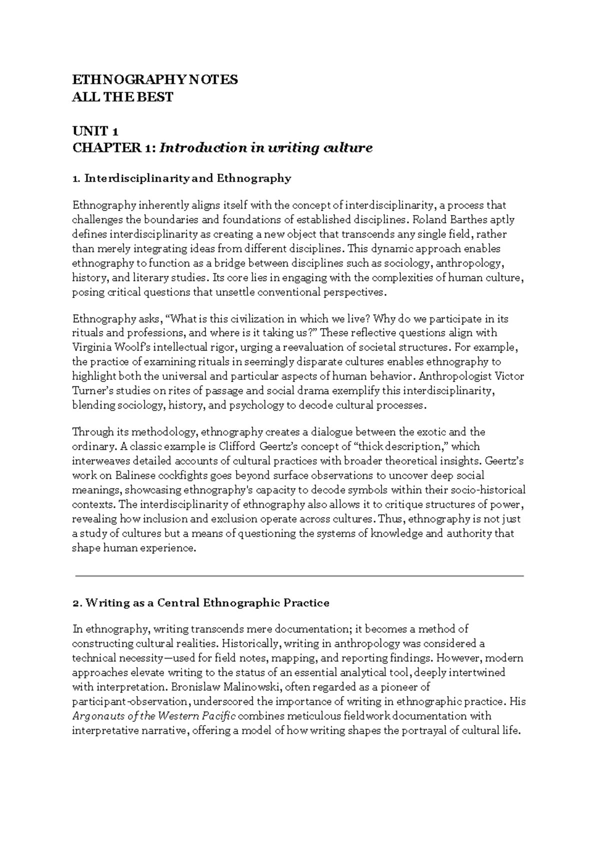 Ethnography Notes Summary: Insights from Cultural Research and Theory ...