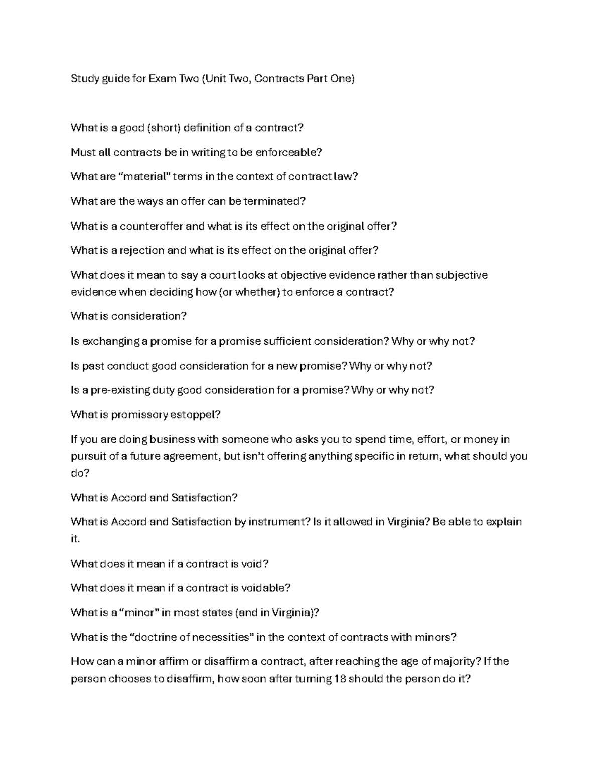 F25 Exam II Study Guide: Key Concepts in Contract Law - Studocu