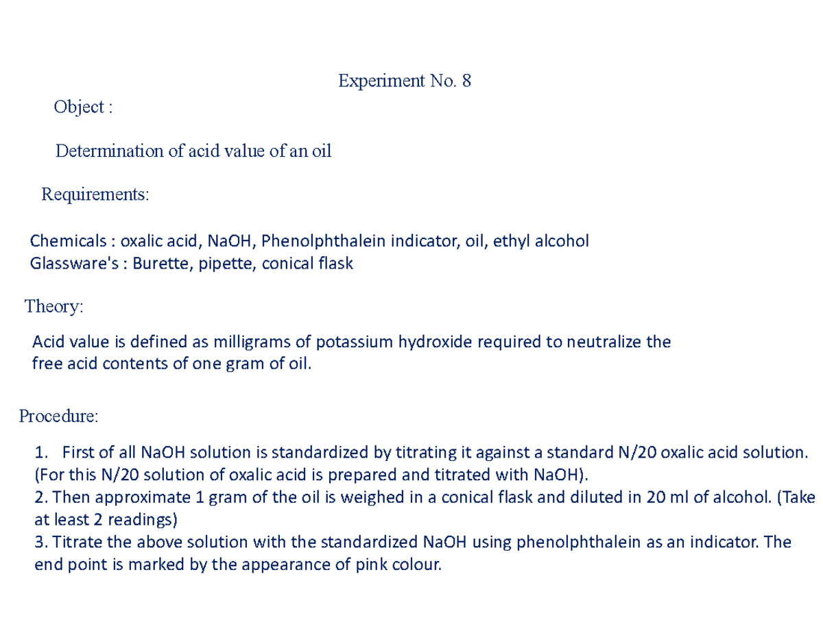 E 8 - Acid Value Determination Experiment for Chemistry Students - Studocu