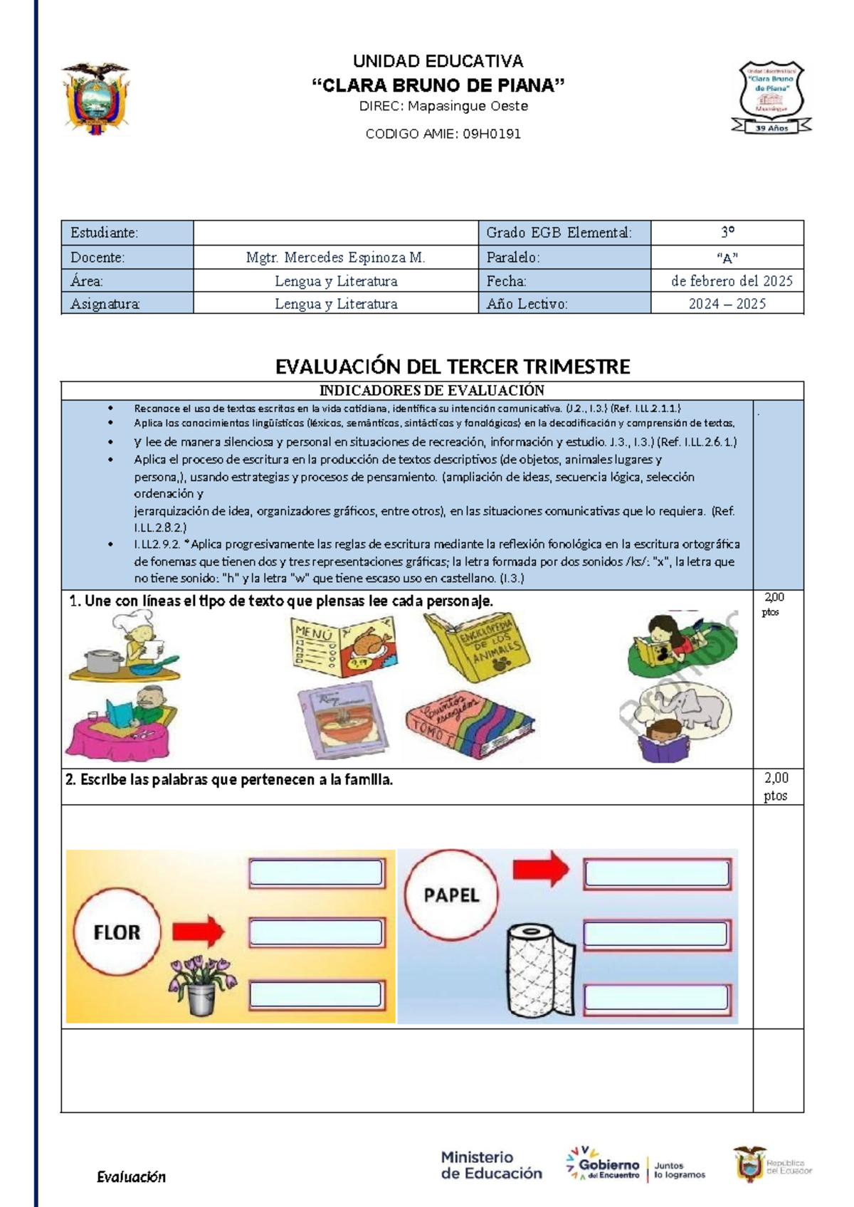 Examen Final Tercer Trimestre Lengua y Literatura EGB 09H 2024-2025 - Document Preview