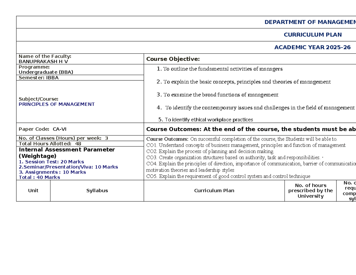 BBA 1st Sem: Curriculum Plan for Principles of Management - Studocu