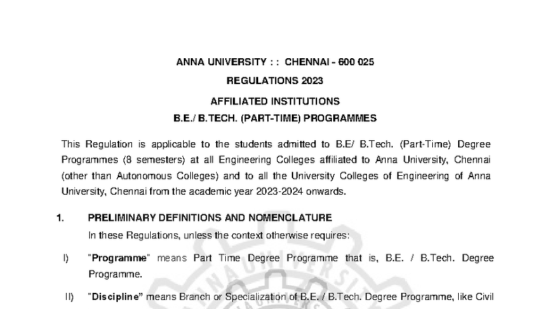 B.Tech. Regulations 2023 for Anna University Affiliated Institutions ...